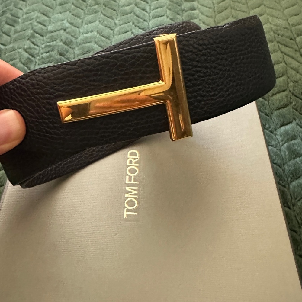 Tom Ford Dark Leather Belt with Gold T Buckle